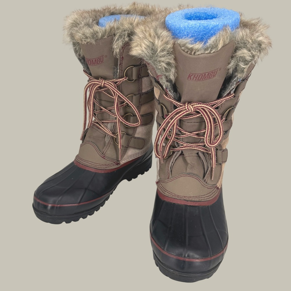 Khombu North Star Winter Boots Women 8M Brown Tan Faux Fur Lace Up Duck Snow